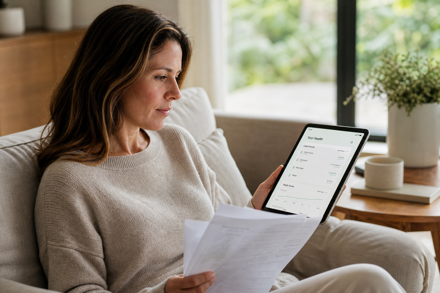 A person reviewing a printed lab report alongside their MediGuide results on a tablet at home